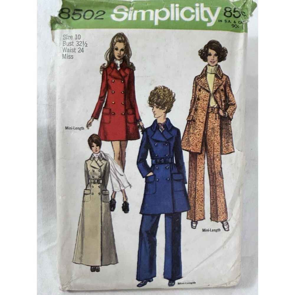 Vintage Simplicity 8502 Ladies Double Breasted Coat Pattern Sz 10 2 Lengths